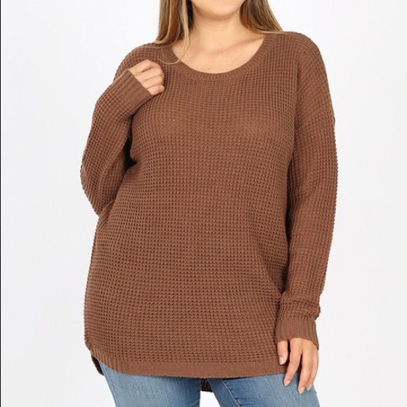 Best Seller! Mocha Brown Plus Size Waffle Sweater - Picture 5 of 8